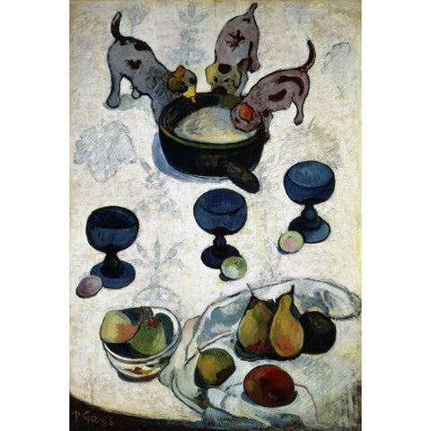 Still Life with Three Dogs, - Nature Morte aux Trois Chiots Black Modern Wood Framed Art Print with Double Matting by Gauguin, Paul