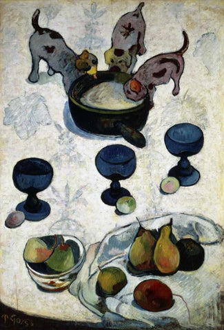 Still Life with Three Dogs, - Nature Morte aux Trois Chiots Black Ornate Wood Framed Art Print with Double Matting by Gauguin, Paul