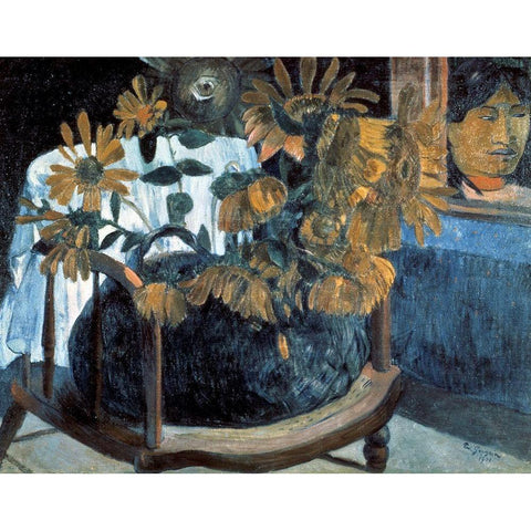 Sunflowers Gold Ornate Wood Framed Art Print with Double Matting by Gauguin, Paul