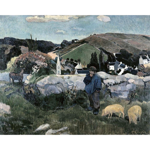 Swineherd Black Modern Wood Framed Art Print with Double Matting by Gauguin, Paul