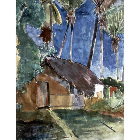 Tahiti Landscape Gold Ornate Wood Framed Art Print with Double Matting by Gauguin, Paul