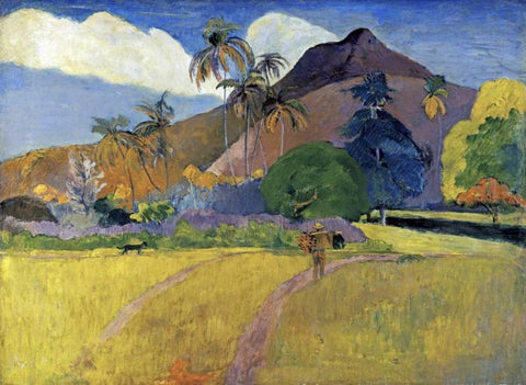 Tahitian Landscape with a Mountain White Modern Wood Framed Art Print with Double Matting by Gauguin, Paul