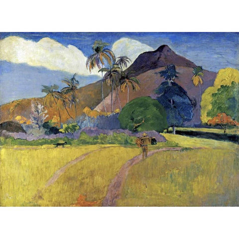 Tahitian Landscape with a Mountain White Modern Wood Framed Art Print by Gauguin, Paul