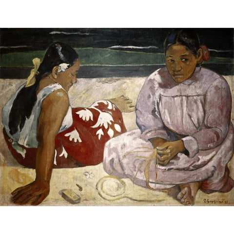 Tahitian Women - On The Beach Gold Ornate Wood Framed Art Print with Double Matting by Gauguin, Paul