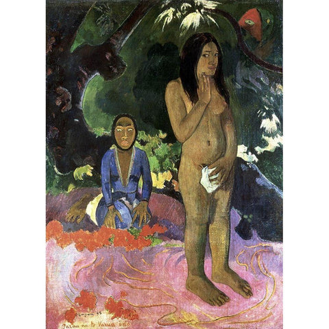 Talk About the Evil Spirit Black Modern Wood Framed Art Print with Double Matting by Gauguin, Paul