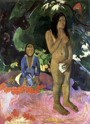 Talk About the Evil Spirit White Modern Wood Framed Art Print with Double Matting by Gauguin, Paul