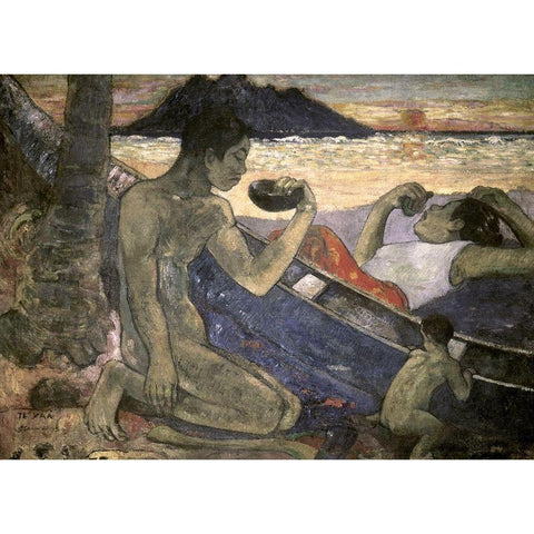 The Canoe, a Tahitian Family Gold Ornate Wood Framed Art Print with Double Matting by Gauguin, Paul