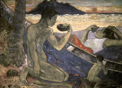 The Canoe, a Tahitian Family Black Ornate Wood Framed Art Print with Double Matting by Gauguin, Paul