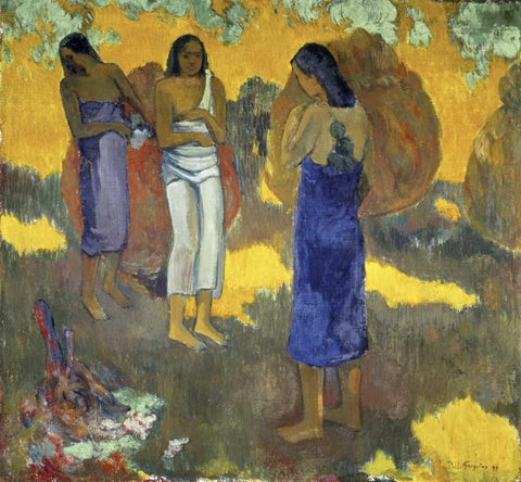 Three Tahitian Women Against a Yellow Background, - Trois Tahitiennes sur un Fond Jaune White Modern Wood Framed Art Print with Double Matting by Gauguin, Paul