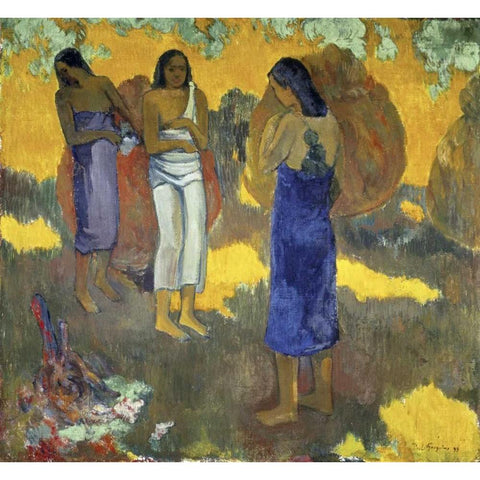 Three Tahitian Women Against a Yellow Background, - Trois Tahitiennes sur un Fond Jaune Black Modern Wood Framed Art Print with Double Matting by Gauguin, Paul