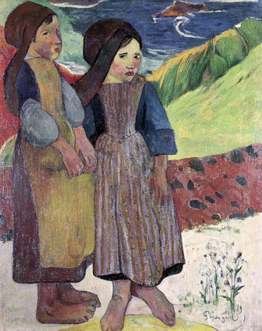 Two Breton Girls By The Sea White Modern Wood Framed Art Print with Double Matting by Gauguin, Paul
