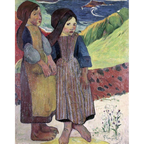 Two Breton Girls By The Sea Black Modern Wood Framed Art Print with Double Matting by Gauguin, Paul