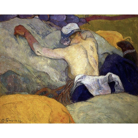 Woman in the Hay (Femme dans le Foin) White Modern Wood Framed Art Print by Gauguin, Paul