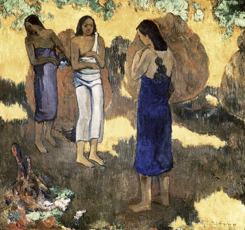 Women Standing Against A Yellow Background Femmes Debout Sur Fond Jaune White Modern Wood Framed Art Print with Double Matting by Gauguin, Paul