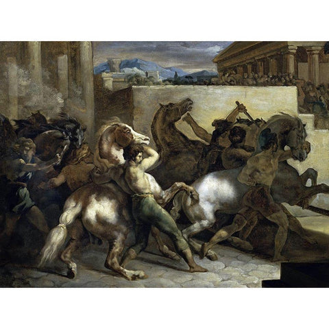 Run of The Wild Horses In Rome Black Modern Wood Framed Art Print with Double Matting by Gericault, Theodore