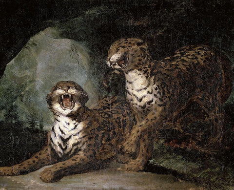 Two Leopards Black Ornate Wood Framed Art Print with Double Matting by Gericault, Theodore