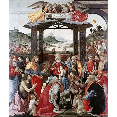 Adoration of The Magi Gold Ornate Wood Framed Art Print with Double Matting by Ghirlandaio, Domenico