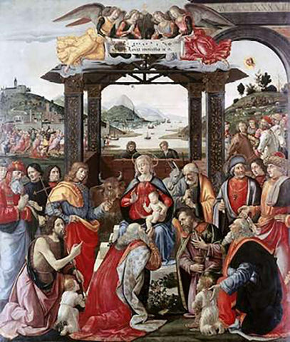 Adoration of The Magi Black Ornate Wood Framed Art Print with Double Matting by Ghirlandaio, Domenico