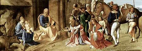 Adoration of The Magi Black Ornate Wood Framed Art Print with Double Matting by Giorgione, Giorgio