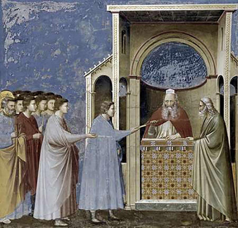 Virgins Suitors Presenting Their Rods Black Ornate Wood Framed Art Print with Double Matting by Giotto