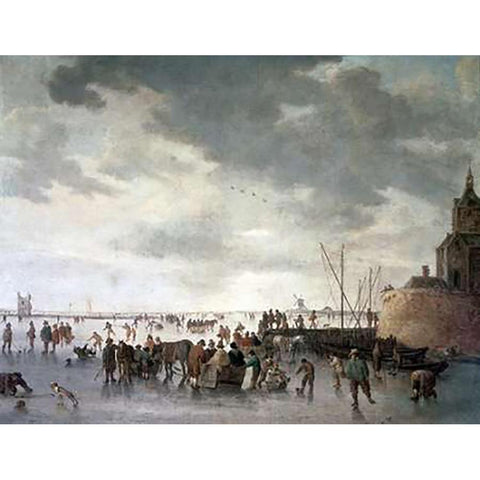 Scene On The Ice Near Dordecht White Modern Wood Framed Art Print by Van Goyen, Jan