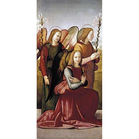 Angels of The Annunciation Gold Ornate Wood Framed Art Print with Double Matting by Granacci, Francesco