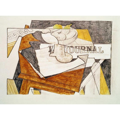 Still Life With a Newspaper and a Wooden Table Black Modern Wood Framed Art Print by Gris, Juan