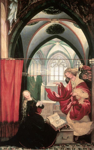 Isenheim Altarpiece: Annunciation White Modern Wood Framed Art Print with Double Matting by Grunewald, Mathias