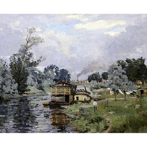 River Landscape Black Modern Wood Framed Art Print with Double Matting by Guillaumin, Armand