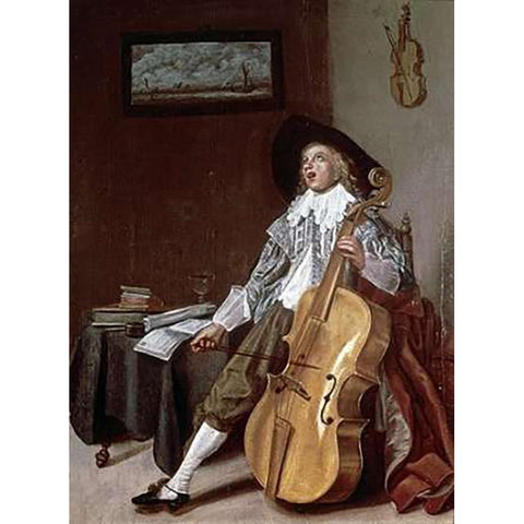 Cello Player Gold Ornate Wood Framed Art Print with Double Matting by Hals, Dirck