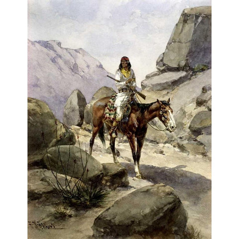 Indian On Horseback White Modern Wood Framed Art Print by Hansen, Herman Wendelborg