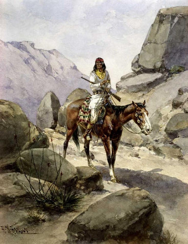 Indian On Horseback White Modern Wood Framed Art Print with Double Matting by Hansen, Herman Wendelborg