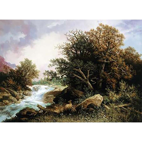 Deer Near a Stream White Modern Wood Framed Art Print by Hasch, Carl