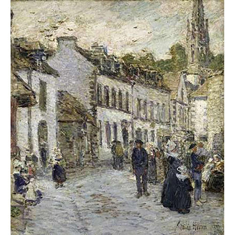 Street In Pont Aven In Evening Gold Ornate Wood Framed Art Print with Double Matting by Hassam, Childe