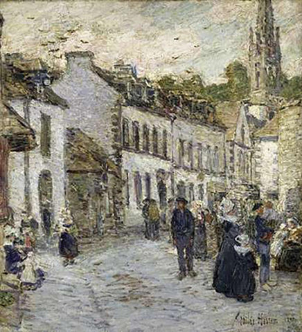 Street In Pont Aven In Evening Black Ornate Wood Framed Art Print with Double Matting by Hassam, Childe