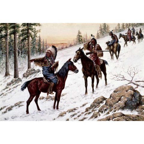 Indians On The Trail Black Modern Wood Framed Art Print with Double Matting by Hauser, John