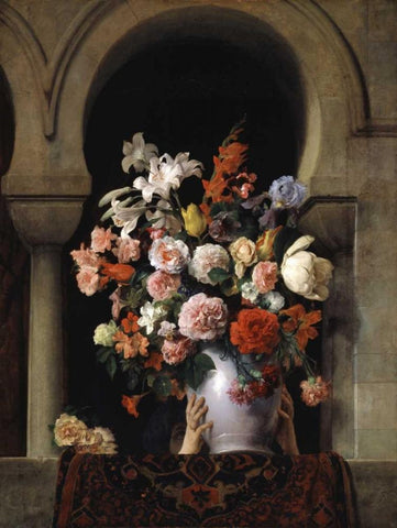 Vase of Flowers In The Window Black Ornate Wood Framed Art Print with Double Matting by Hayez, Francesco