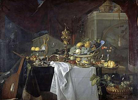 A Dessert Black Ornate Wood Framed Art Print with Double Matting by De Heem, Jan Davidsz