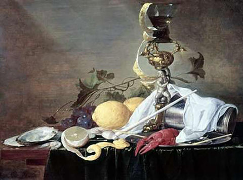 Lobster, Oyster and Lemon White Modern Wood Framed Art Print with Double Matting by De Heem, Jan Davidsz
