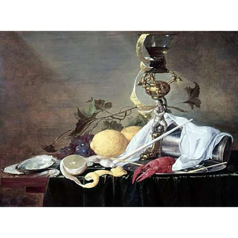 Lobster, Oyster and Lemon Black Modern Wood Framed Art Print with Double Matting by De Heem, Jan Davidsz