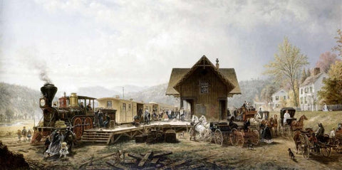 Railroad Arriving, Stratford, Ct. Black Ornate Wood Framed Art Print with Double Matting by Henry, Edward Lamson