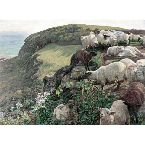 Our English Coasts - Strayed Sheep Gold Ornate Wood Framed Art Print with Double Matting by Hunt, William Holman