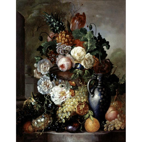 Still Life of Fruit and Flowers Gold Ornate Wood Framed Art Print with Double Matting by Hyugens, Francois Joseph