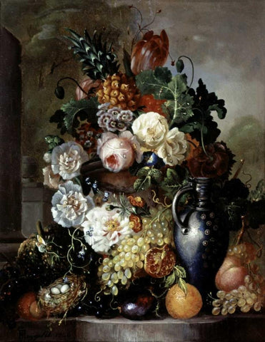 Still Life of Fruit and Flowers White Modern Wood Framed Art Print with Double Matting by Hyugens, Francois Joseph