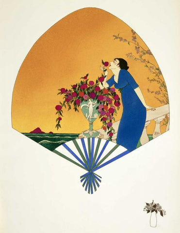 Fan: Woman On Balcony Smelling Rose Black Ornate Wood Framed Art Print with Double Matting by Iribe, Paul