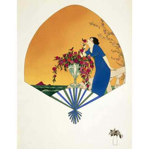 Fan: Woman On Balcony Smelling Rose Black Modern Wood Framed Art Print by Iribe, Paul