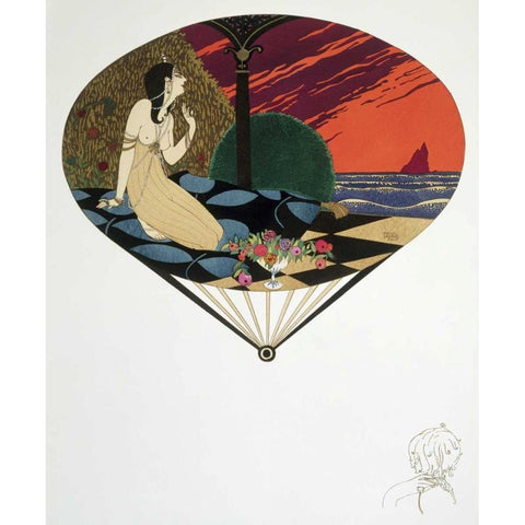 Fan: Woman Seated On Pillow Looking at Sea Black Modern Wood Framed Art Print by Iribe, Paul