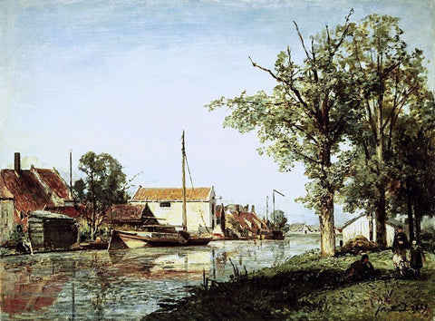 A Dutch Canal Scene Black Ornate Wood Framed Art Print with Double Matting by Jongkind, Johan Barthold