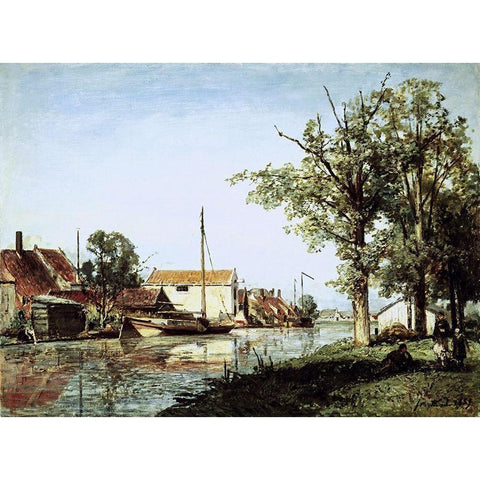 A Dutch Canal Scene White Modern Wood Framed Art Print by Jongkind, Johan Barthold