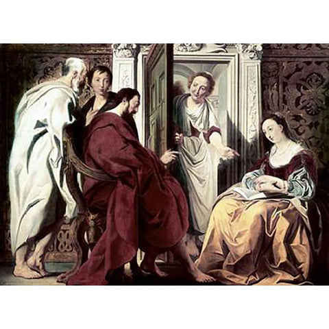 Jesus at The House of Mary and Martha Gold Ornate Wood Framed Art Print with Double Matting by Jordaens, Jacob